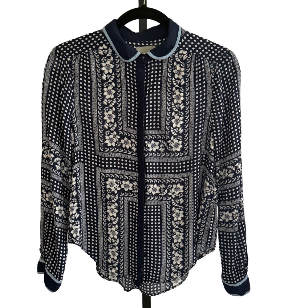 Maeve Anthropologie Navy and White Polka Dot Bandana Print Floral Blouse